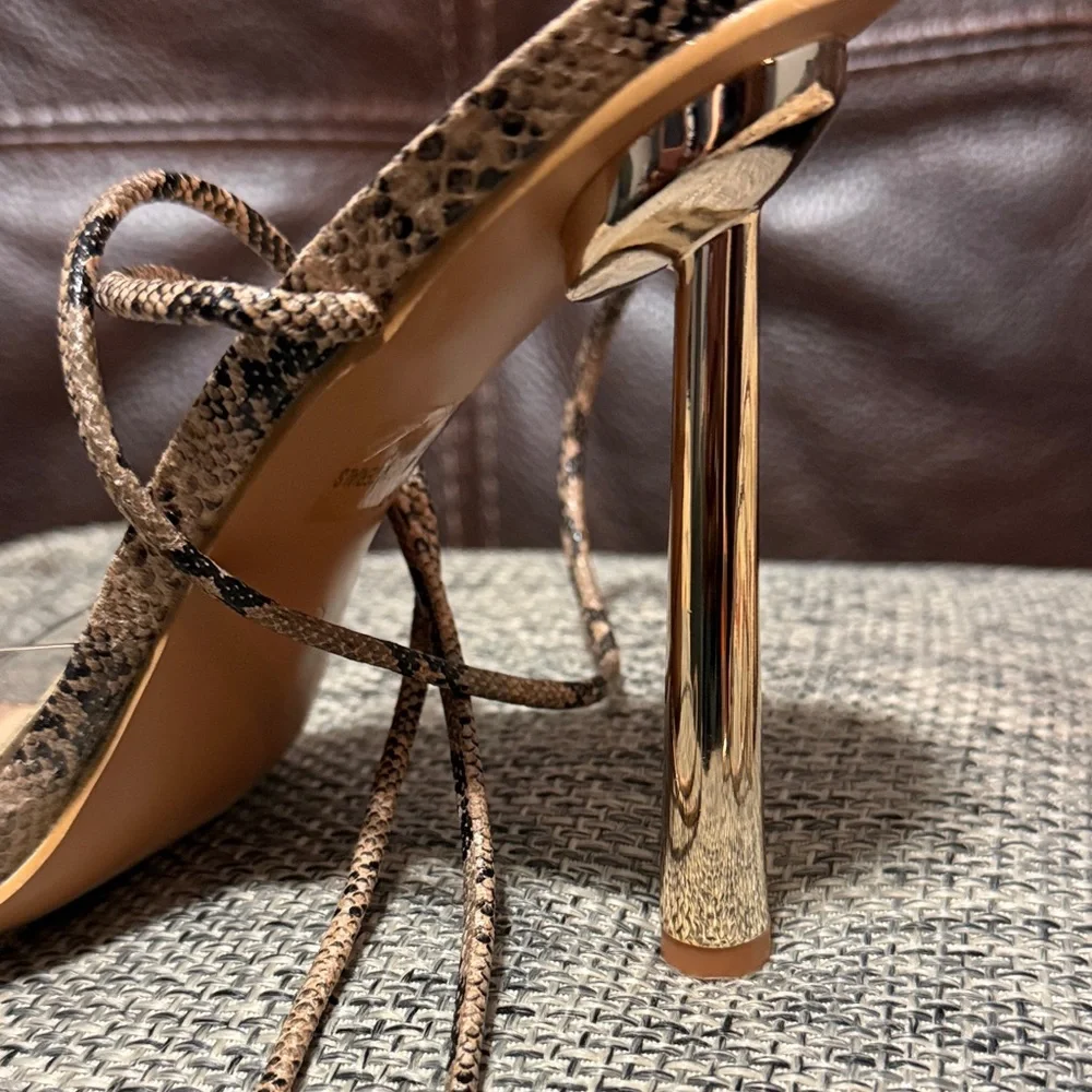Gold Stiletto Lace-Up Sandal in Snake Print
